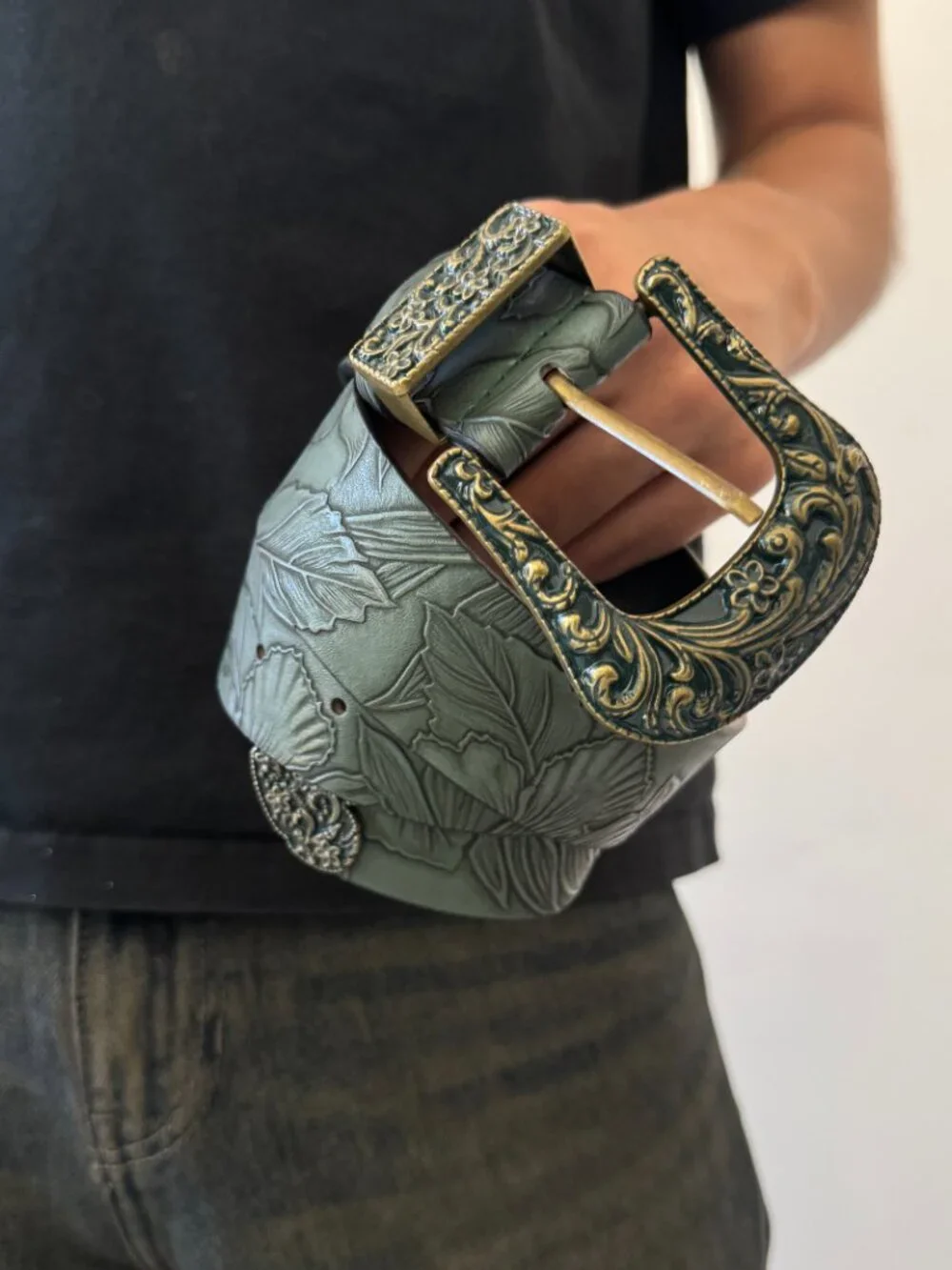 Sage Green Tooled Embossed Western Belt